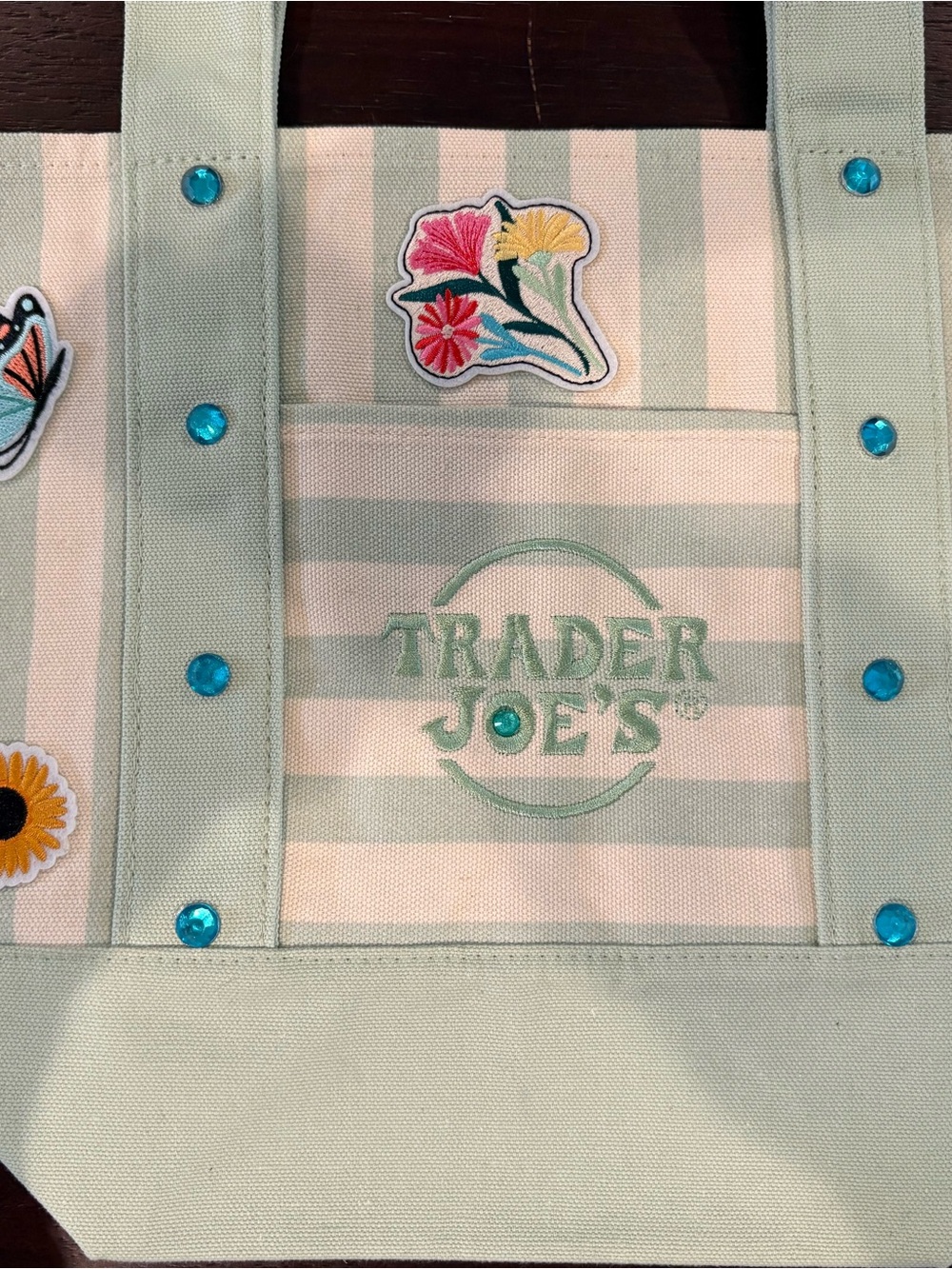 Trader Joe's Mint Stripe Canvas Tote with Floral Patches
